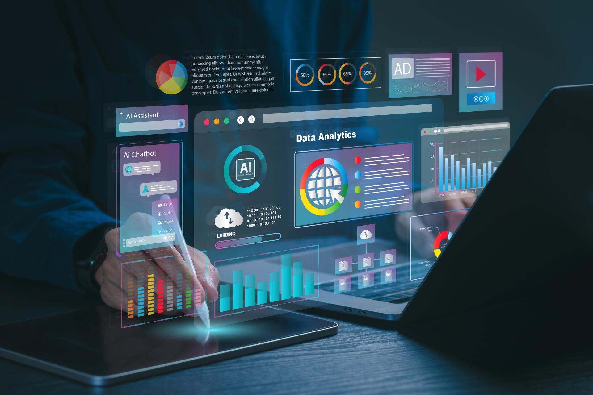 Person using laptop and tablet for digital data analytics